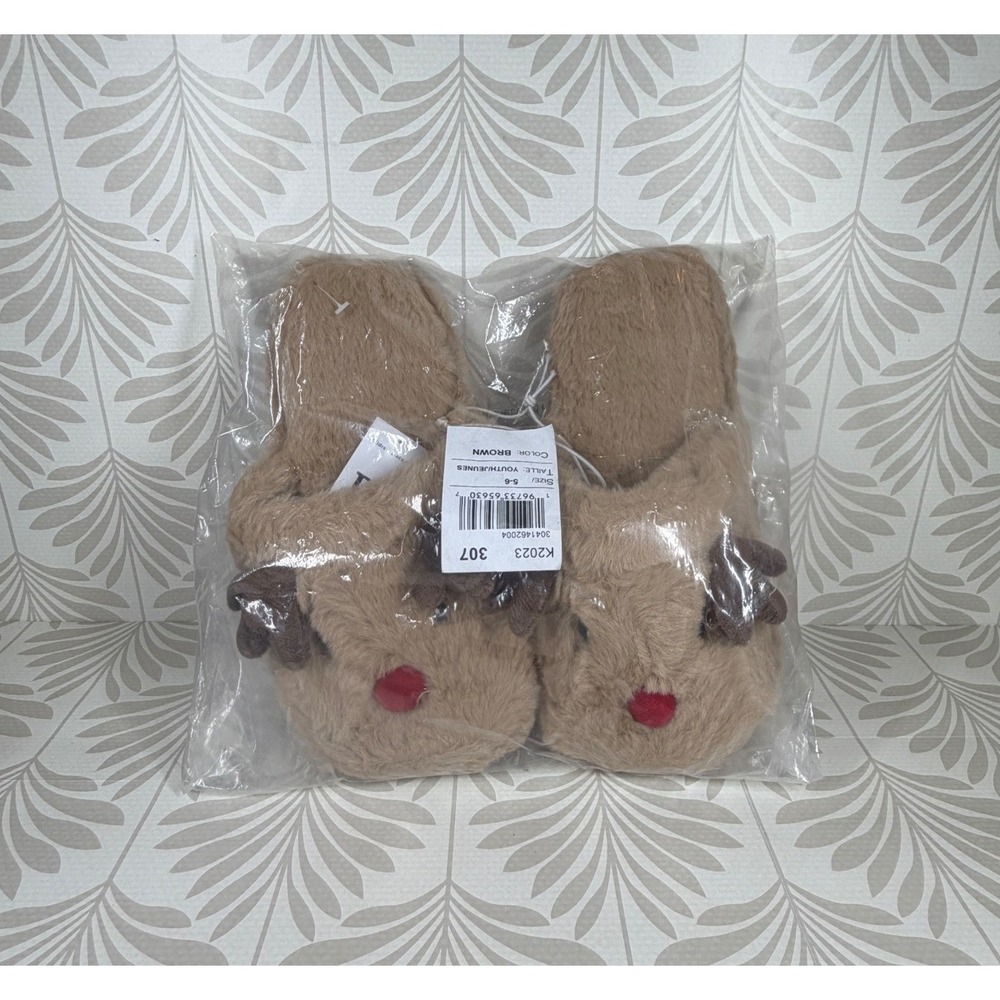 PJ Place Reindeer Faux Fur Slippers Brown Youth Size 5-6 Holiday Christmas New